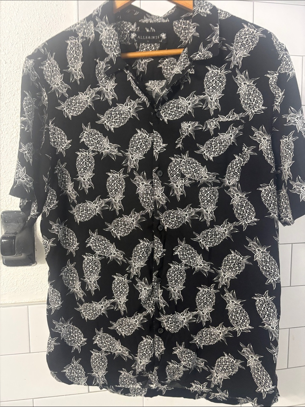 All Saints Black Short-Sleeve Button-Down Pineapple Print Shirt